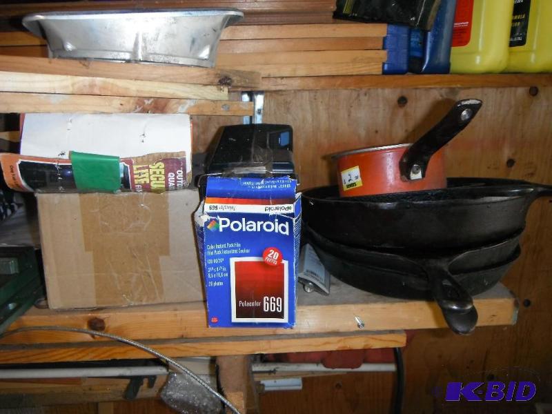 lot 94 image: Shelf Lot with various items including Polaro...