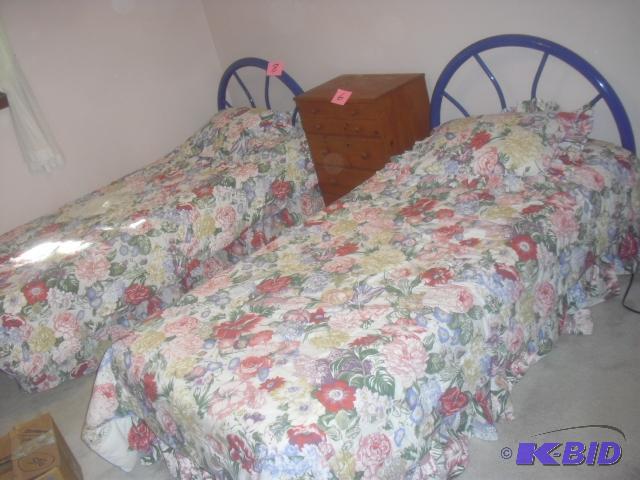 2 Twin beds Blue Metal headboards, Metal Fra...