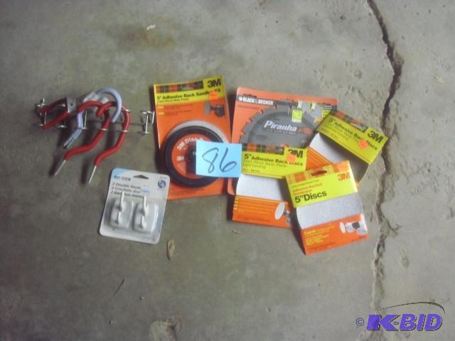 Misc. Sandpaper discs, Saw Blade, hanging hoo...