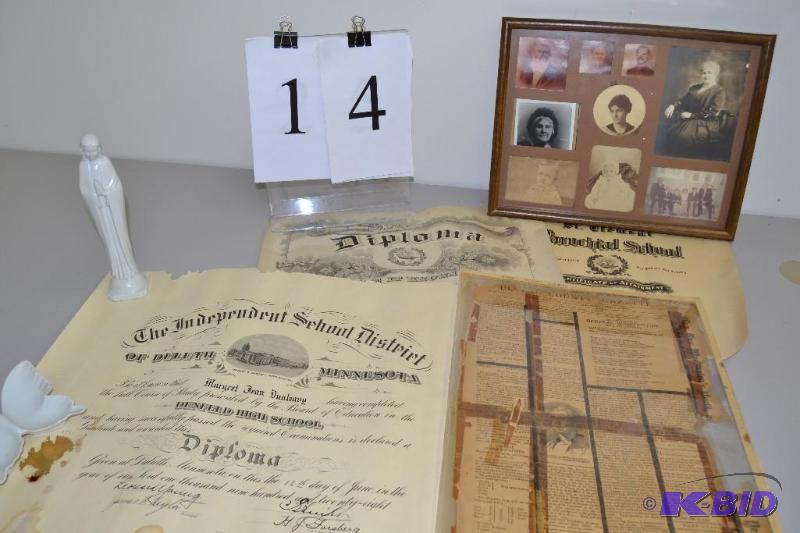 lot 14 image: Vintage, collectable, diplomas, newspaper