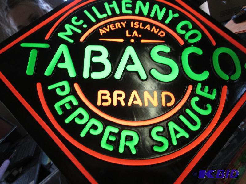 lot 185 image: lighted McIlhenny Tabasco hanging sign, 16in ...