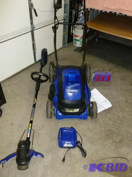 lot 3 image: Kobalt 40 volt cordless trimmer and 19" ...