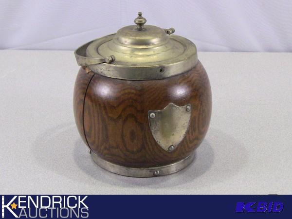 lot 31 image: Vintage Wood Buscuit Jar with Brass Lid