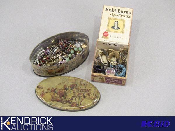 lot 34 image: Lot of Costume Jewelry in Collectible Tin and Cigar Box