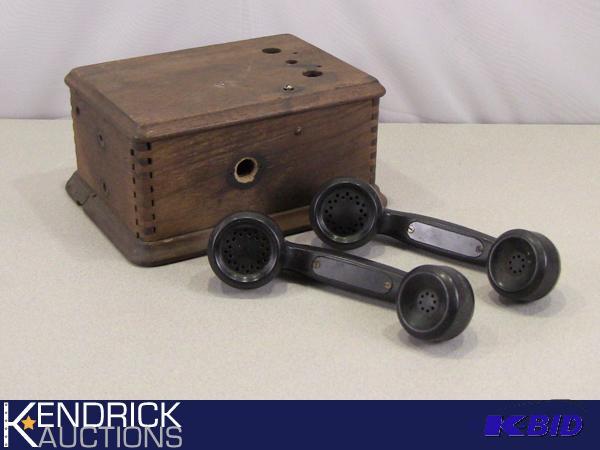 lot 47 image: Antique Wood Telephone Ringer Box with 2 Vintage Phone Handles