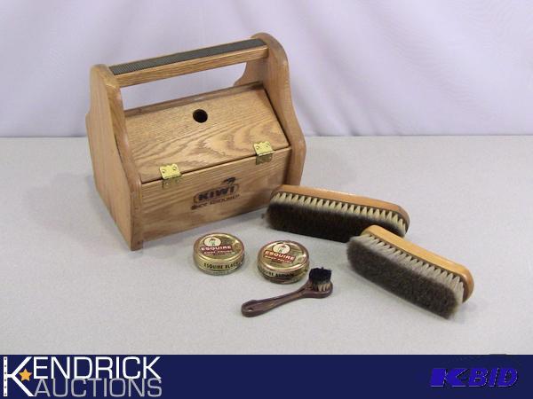 lot 48 image: Vintage Wood Kiwi Shoe Groomer Kit with Real Horse Hair Brushes