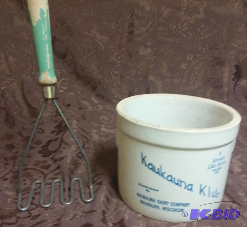 lot 12 image: Vintage Butter crock with vintage potato mash...