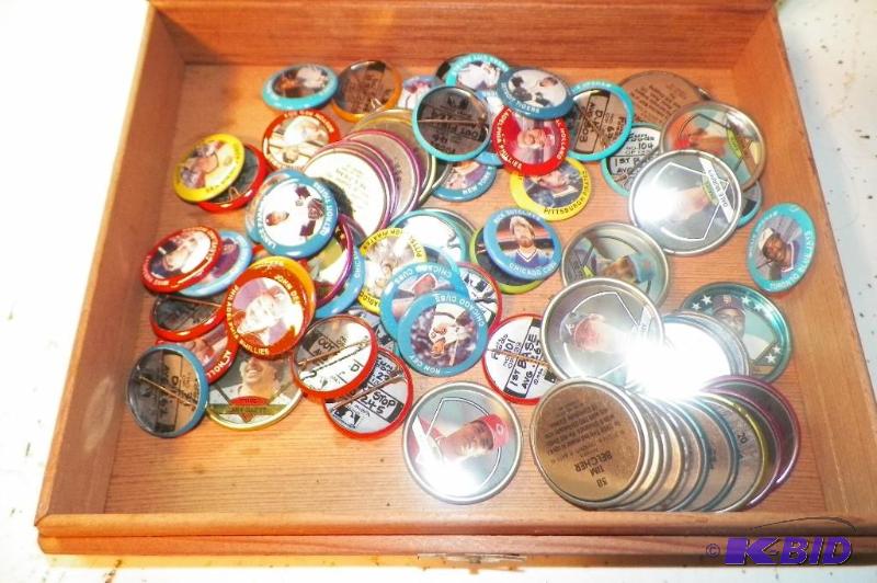 Wood Cigar Box Full of 1990s Baseball Coins and Pins