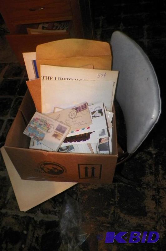 Box of Misc. Post Cards First Day Covers and Stamps