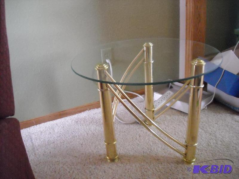 lot 218 image: 2 glass top end tables with brass finishing