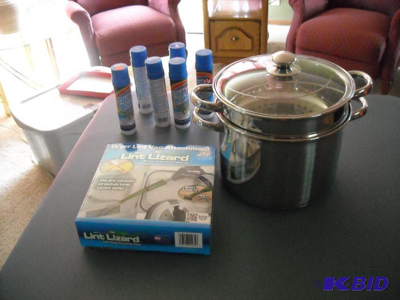 lot 221 image: kettle and steamer,  Lint Lizard, 6 bottles of stain gone