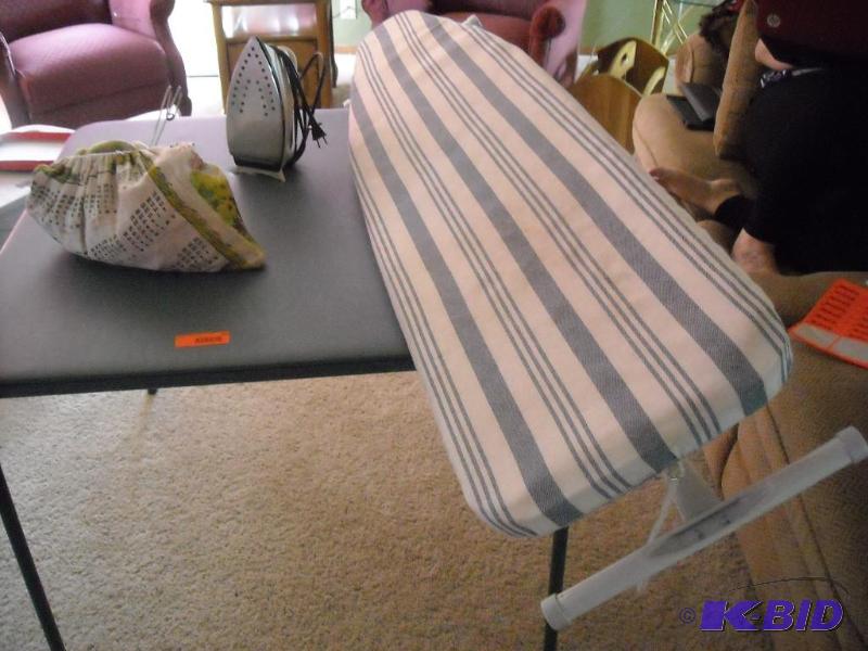 lot 222 image: ironing board, iron, clothes pin holder with clothes pins