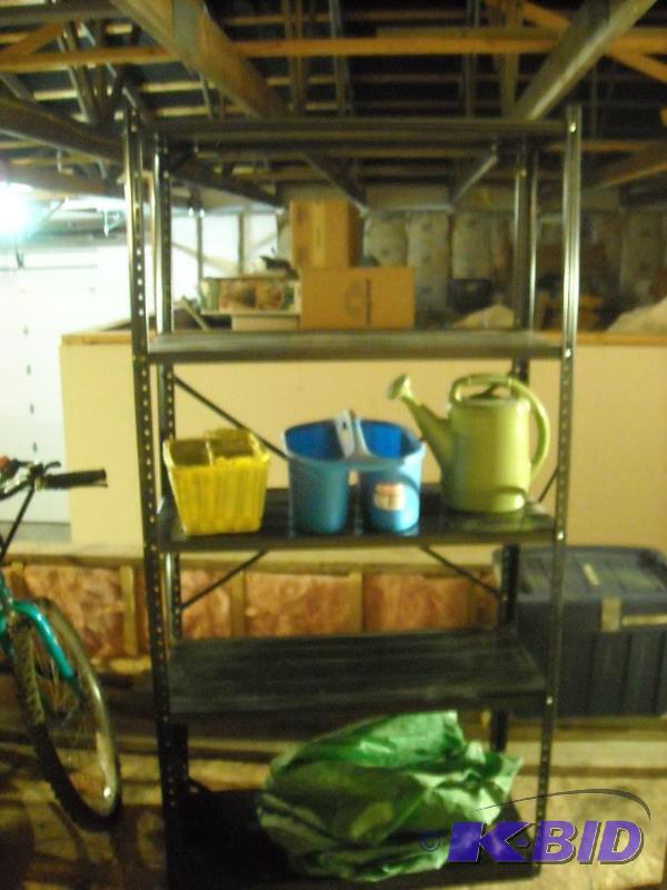 lot 278 image: metal shelf, watering can and kitchen utensils