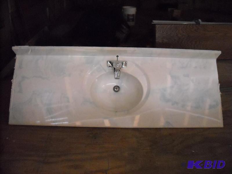 lot 314 image: 61 vanity sink with faucet, white with blue