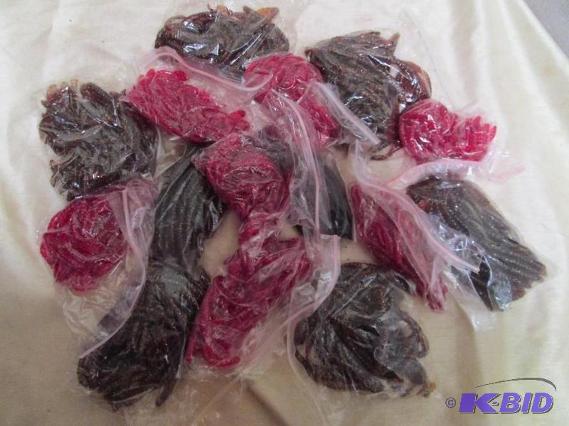lot 114 image: Lot of 15 bags of 6 jig worms. 8 rootbeer gli...