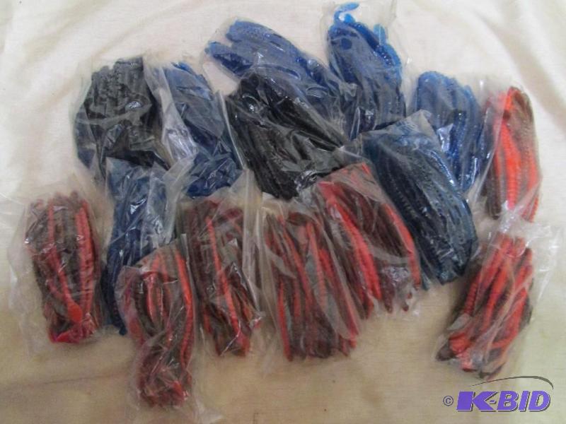 lot 117 image: Lot of 15 bags of 4 jig worms. 8 blue and 7 o...