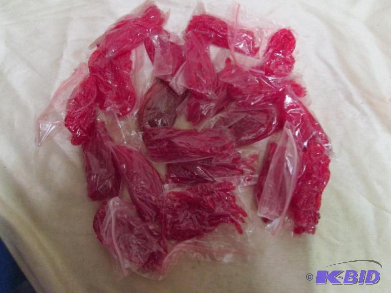 lot 136 image: Lot of 20 bags of 4 jig worms. Red in color. ...