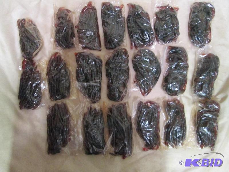 lot 162 image: Lot of 20 bags of 4 jig worms. Motor oil in c...