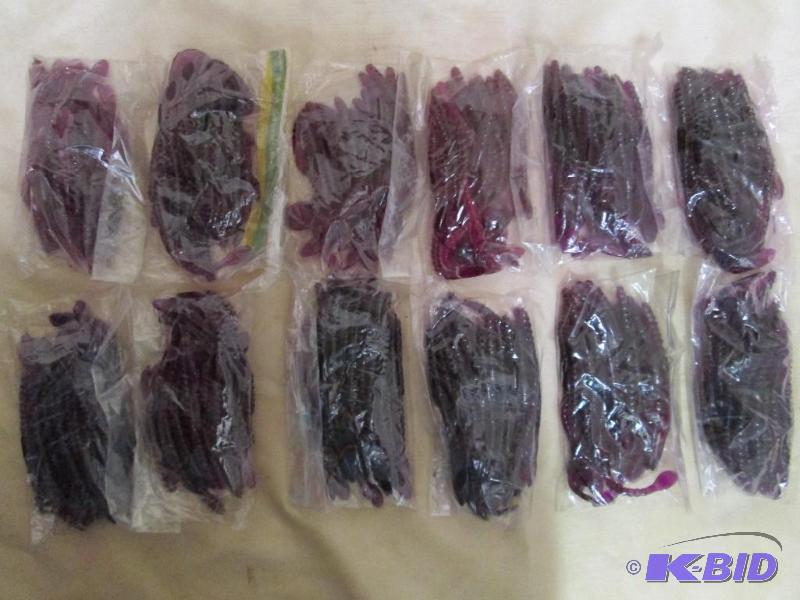 lot 184 image: Lot of 12 bags of 4 jig worms. Purple in colo...