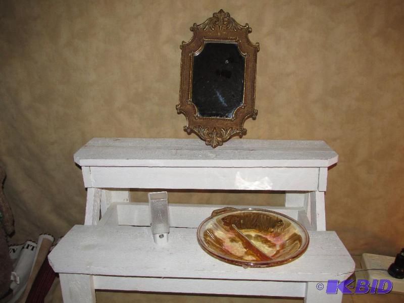 lot 158 image: Small Ornate Mirrow a Divided Dish and a Night Light.