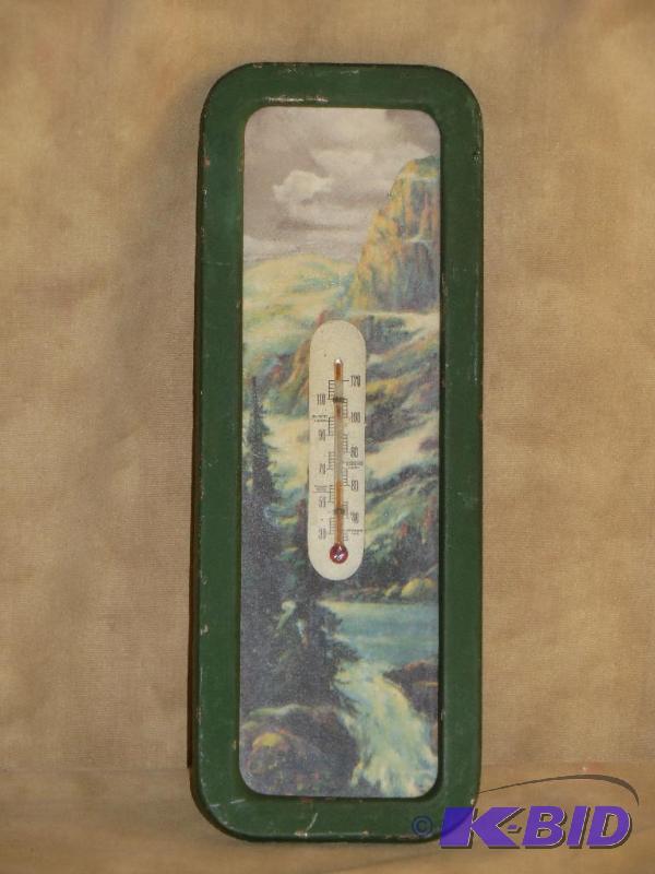 lot 17 image: VERY OLD THERMOMETER with Mountain & River Scene