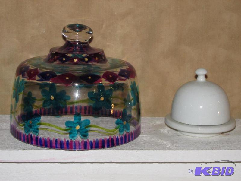 lot 195 image: Custom Made PAINTED GLASS Cheese or Dip Cover - Small White Porcelain Covered Dish for butter or 