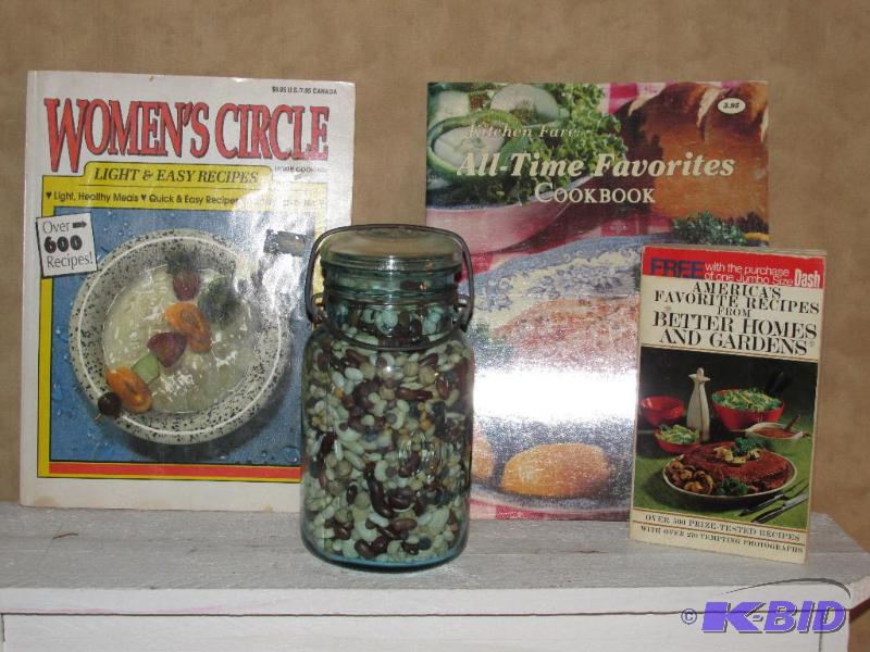 lot 198 image: 3 Vintage COOK BOOKS and a VINTAGE JAR of CALICO BEANS for Soup or Decoration
