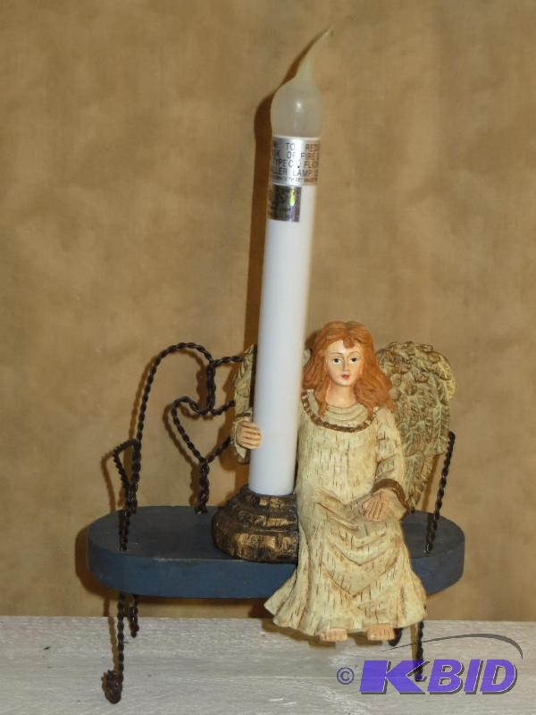 lot 29 image: Hand Made Small Wood and Twisted Metal Bench with ANGEL Candle Statue