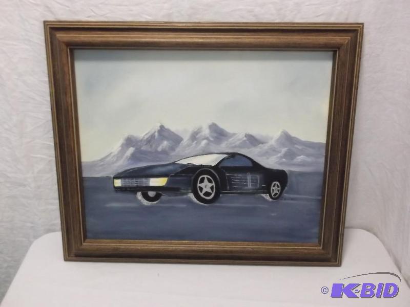 Oil on canvas painting of car signed J. Gilli...
