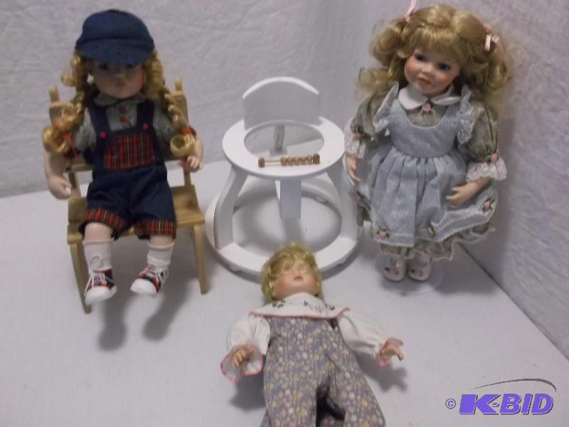 Nice lot with 3 Porcelain Dolls,Time Out Chai...