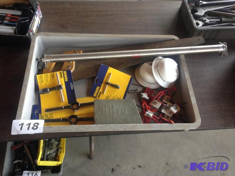 lot 118 image: Bin of misc tools. Some new in package....