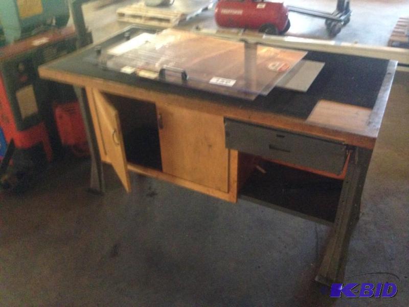 lot 159 image: Work bench with drawer and cupboard unit unde...