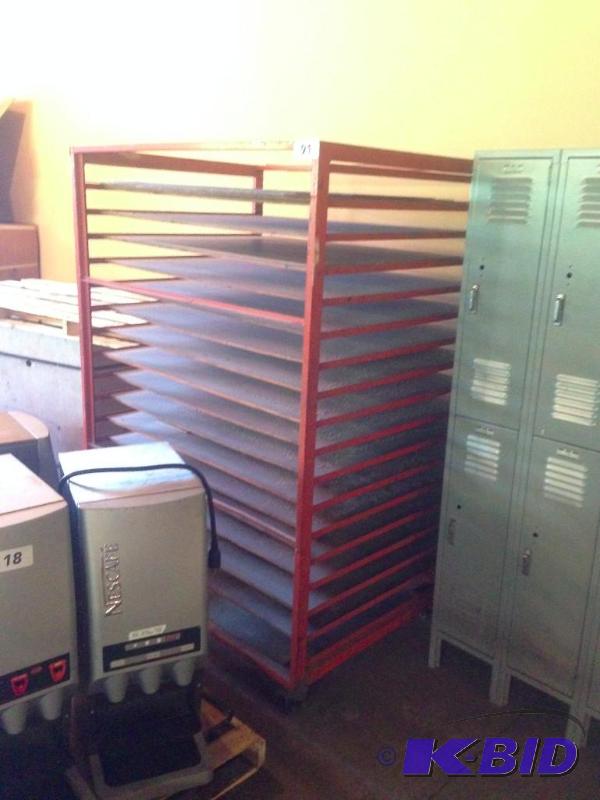 lot 91 image: Metal rack with wooden shelves....