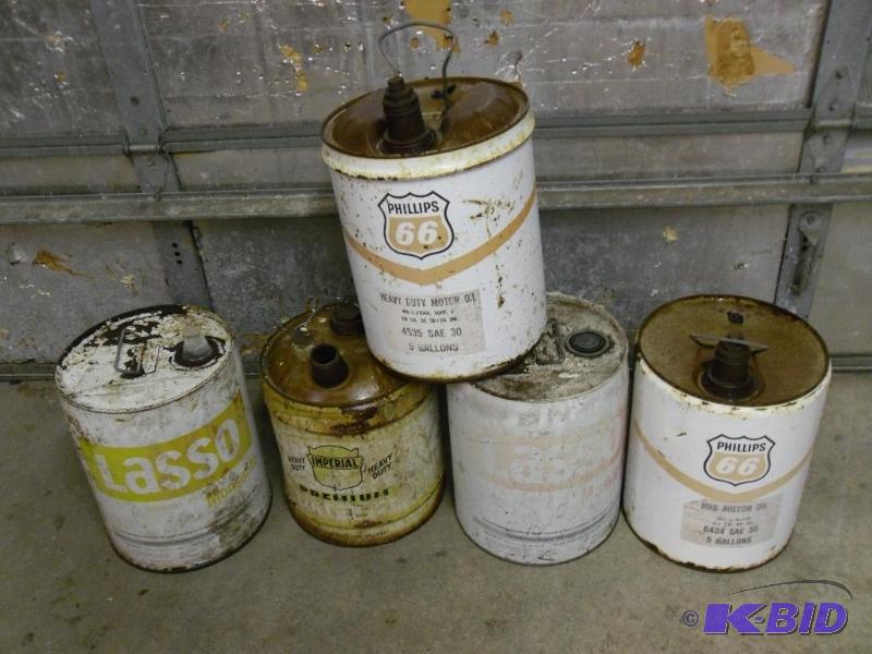 lot 117 image: 5 assorted oil cans. 5 gallon steel cans. 2 a...