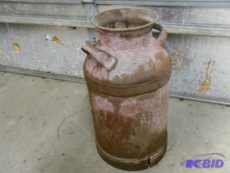 lot 118 image: Old milk can with handles. Rust holes on side...
