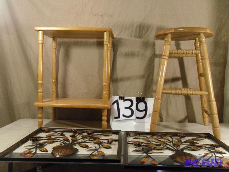 lot 139 image: Wood Stool, Wood Side Table, and 2 Metal Wall...