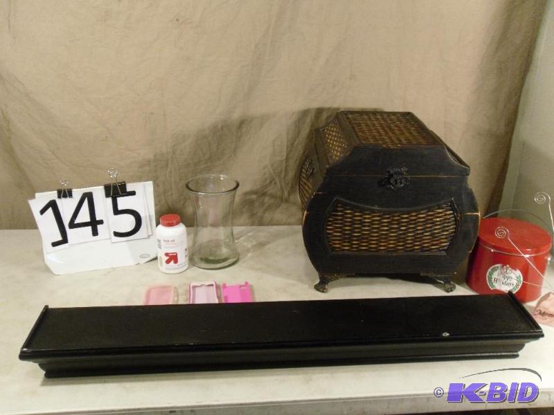 lot 145 image: Black Wall Shelf (chipped), Small Decorative ...