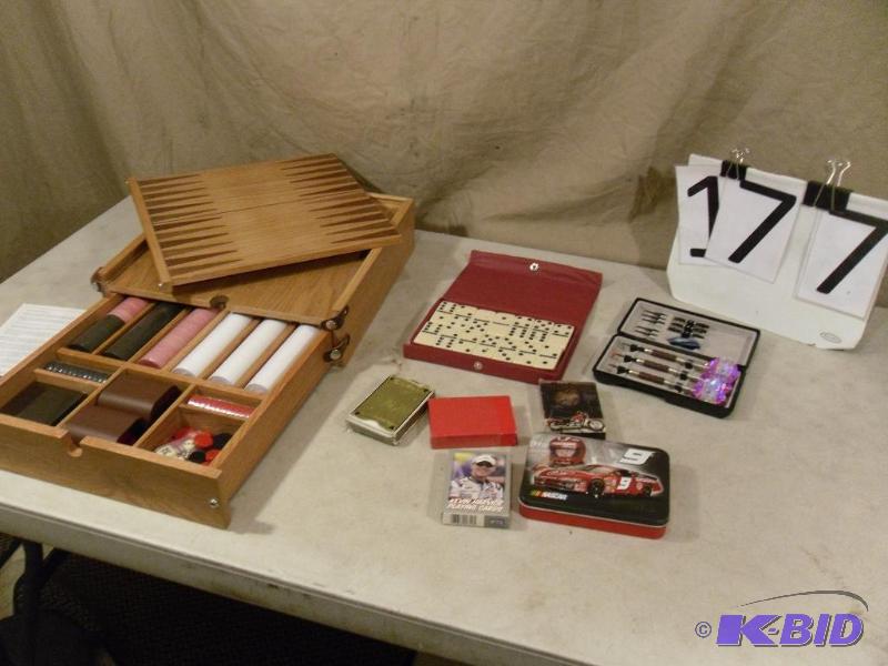 lot 177 image: Games Set in Wood Box, Dominos, Cards, and Da...