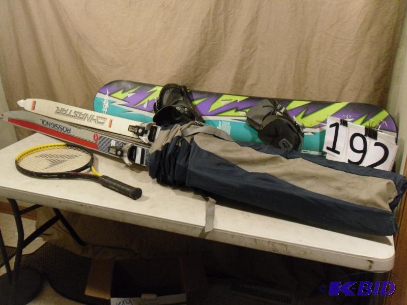 lot 192 image: Tennis Racket, 2 Pair of Skis with Bag, and S...