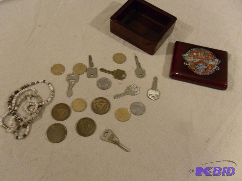 lot 47 image: Lot of Coins, Necklaces, Wood Trinket Box, an...