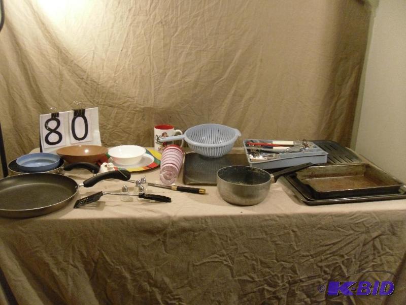 lot 80 image: Pots, Pans, Silverware, Strainer, Cups, Broil...