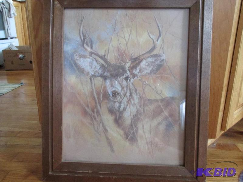 lot 12 image: heavy wood framed picture of a buck...