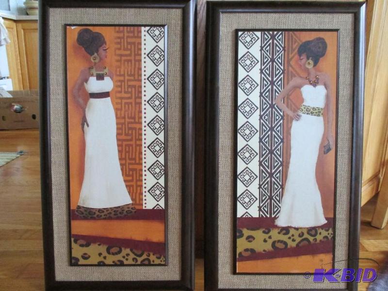 lot 14 image: set of 2 framed artwork with a woman and leop...