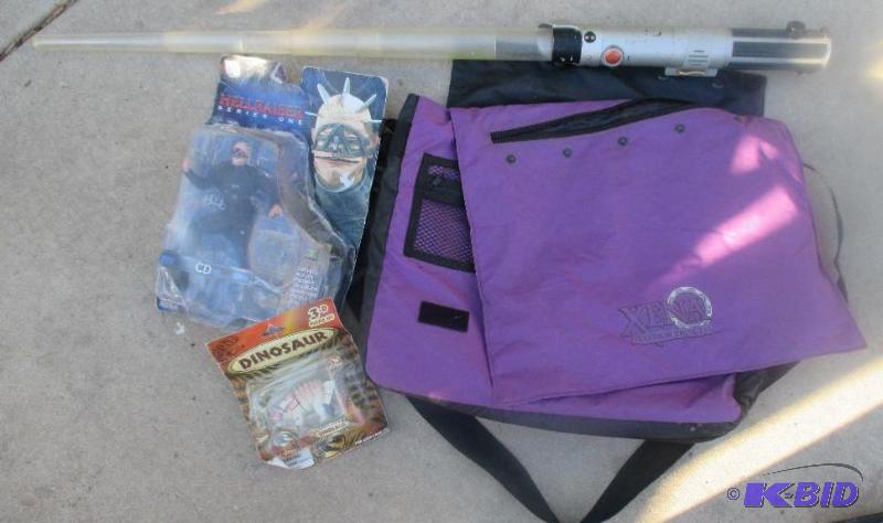 lot 144 image: purple bag, hellraiser series 1, light saber,...