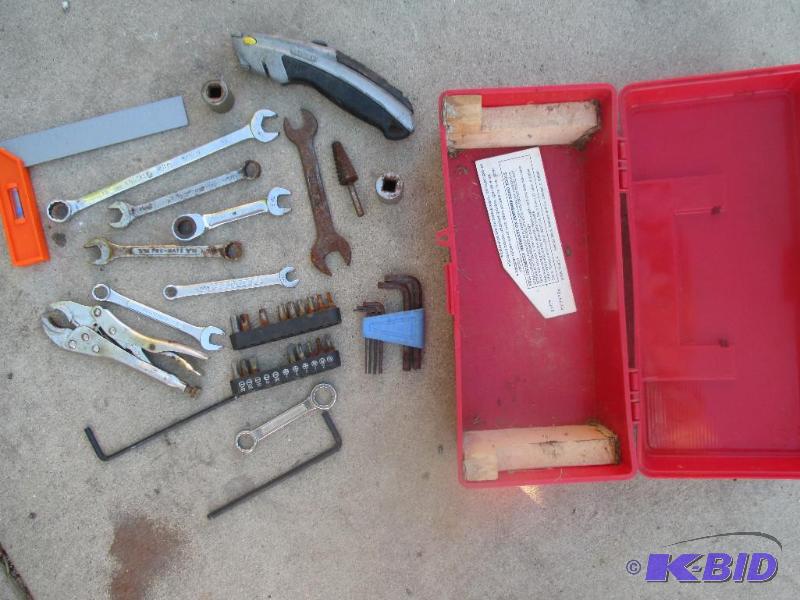 lot 149 image: tool box with assorted wrenches, bits, socket...