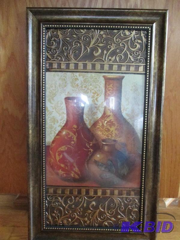 lot 15 image: framed artwork- 3 vases...