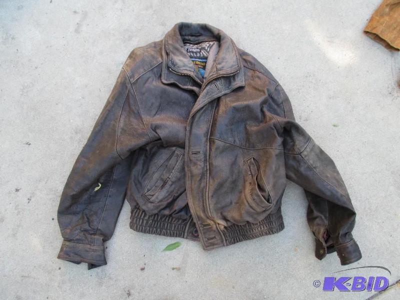 lot 28 image: used dark brown leather bomber jacket large s...