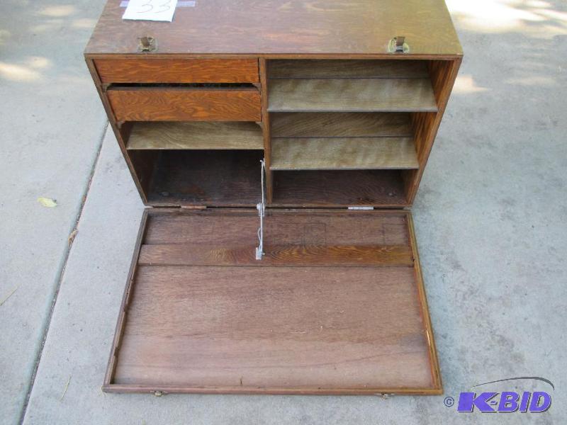 lot 33 image: wooden travel box with latches and inner comp...