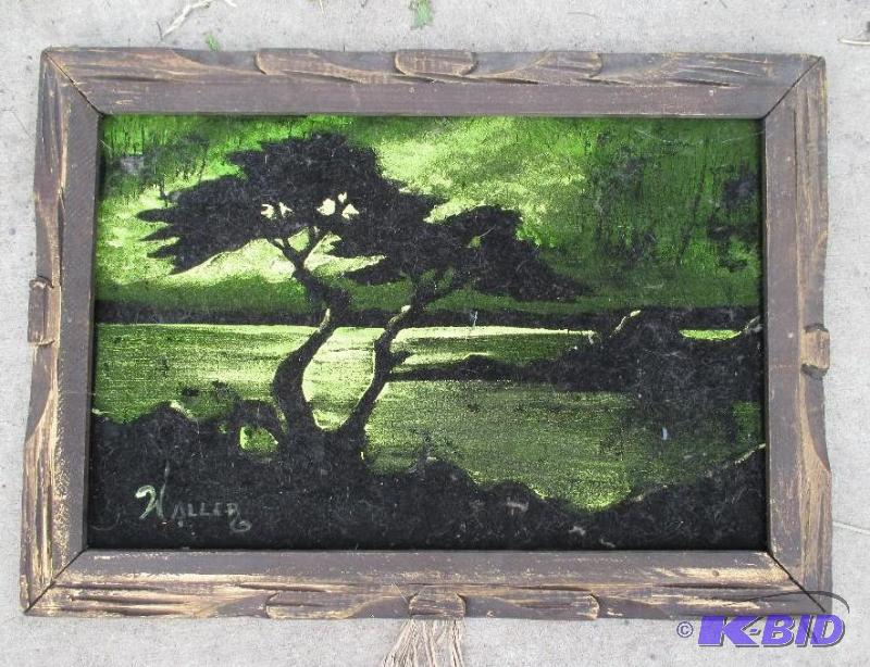 lot 66 image: green and black felt painted lake scene...