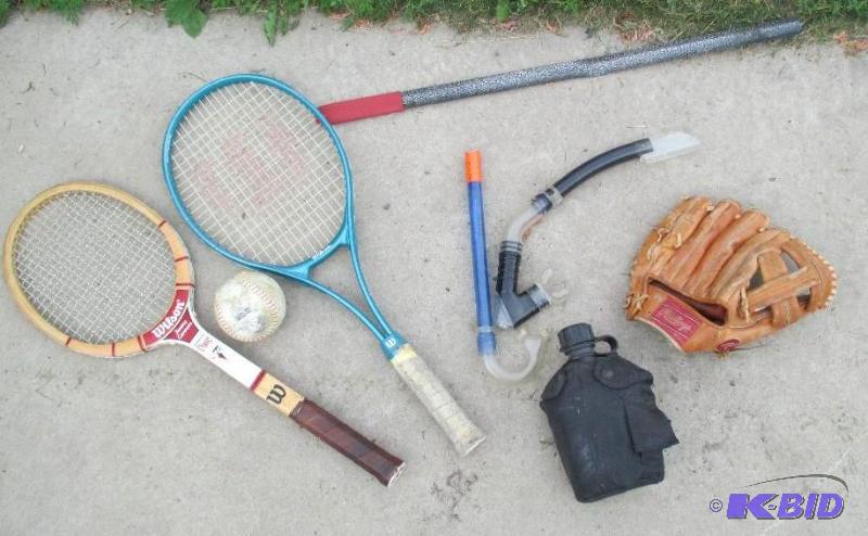 lot 68 image: tennis rackets, baseball glove and ball, snor...